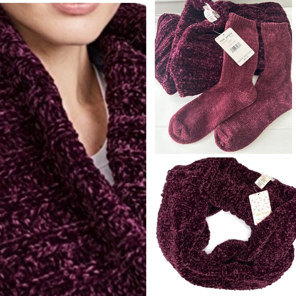 Free People Wine Color Infinity Chenille Scarf & Socks Set NWT